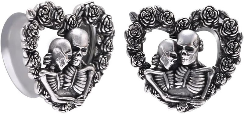 COOEAR Heart Ear Plugs Stainless Steel Tunnels Flared Shape Gauges Skull Stretcher Expander Earrings Size 0g to 1 inch. - Image 1